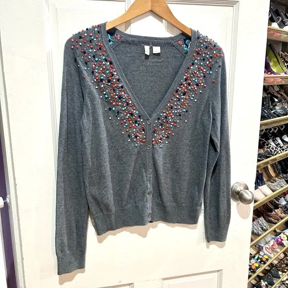 Anthropologie MOTH Gray Pom-Pom Cardigan Sweater Cotton Cashmere Blend Size M - Picture 6 of 11